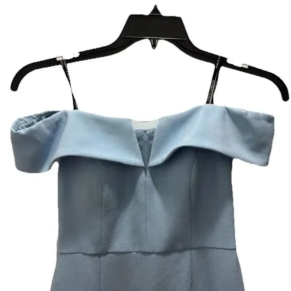 Vince Camuto Sheath Dress 4 Light Blue Off Shoulder V-Notch Midi Crepe $148 - Picture 4 of 5
